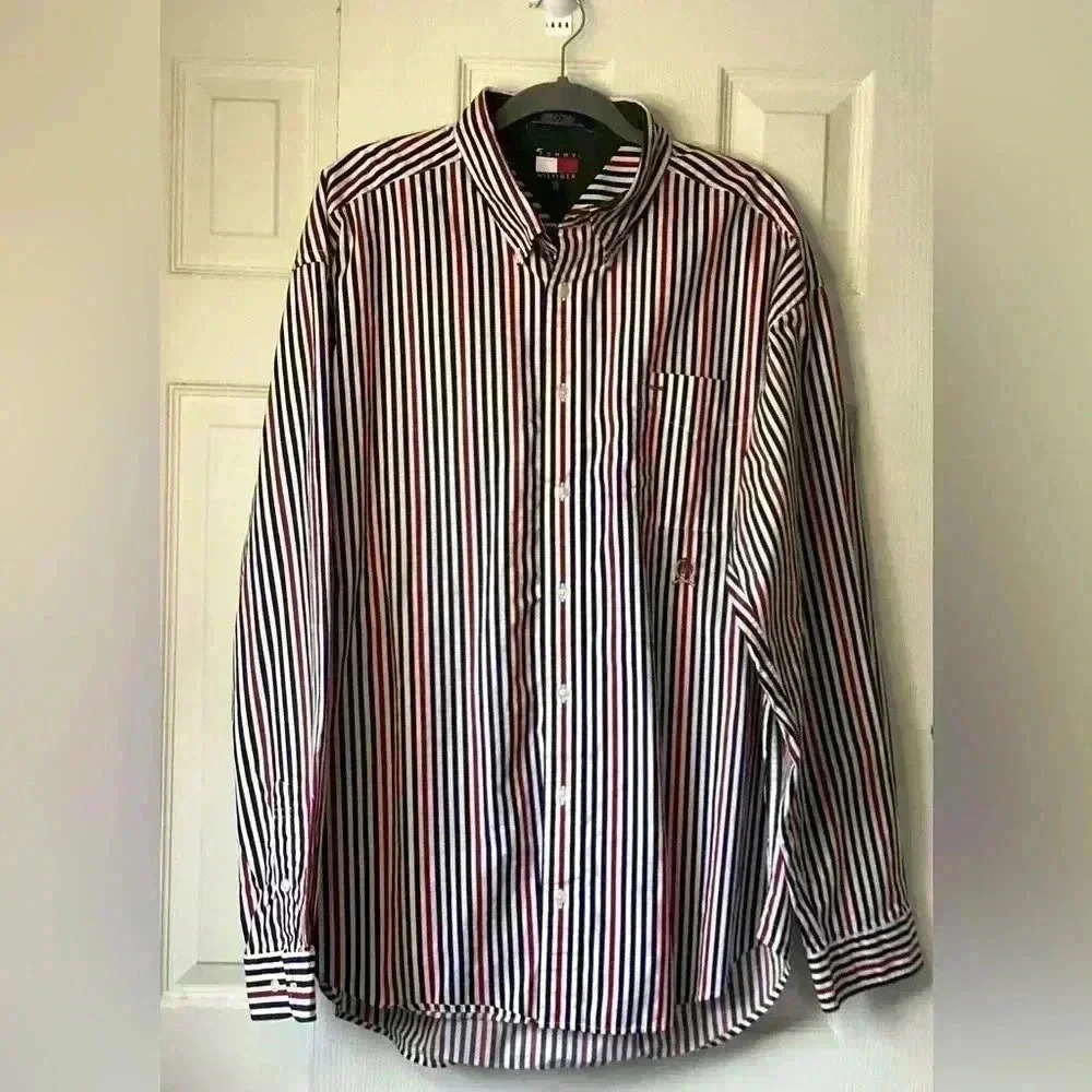 Vintage Tommy Hilfiger Mens XXL RED/black Striped Button Down long sleeve shirt